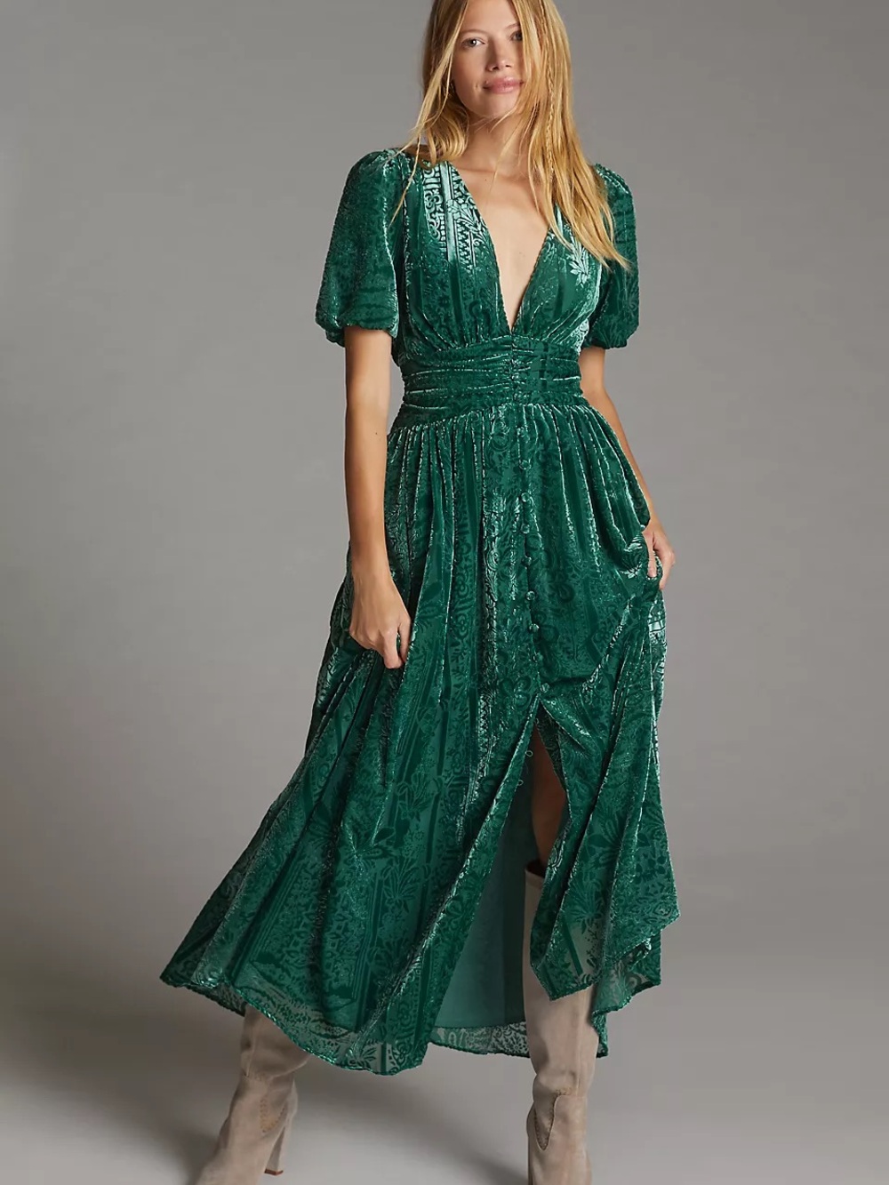 Anthropologie Puff-Sleeved Burnout Velvet Maxi Dress Size S